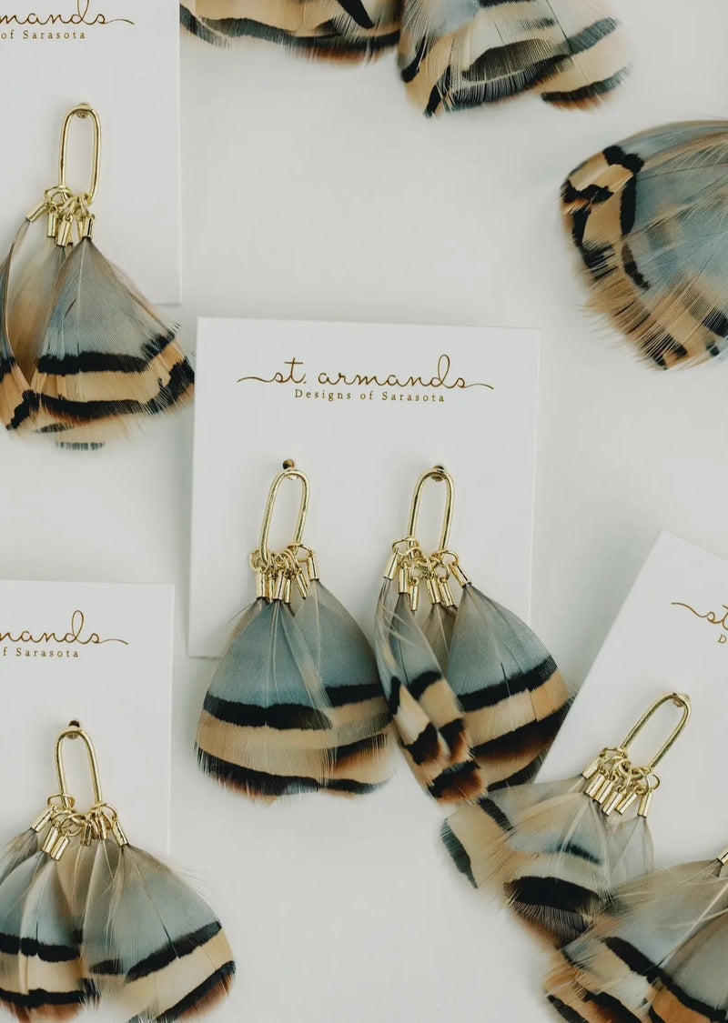 Brown Striped Fall Feather Statement Tassel Earrings