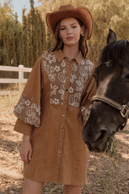 Embroidered Button-up Dress