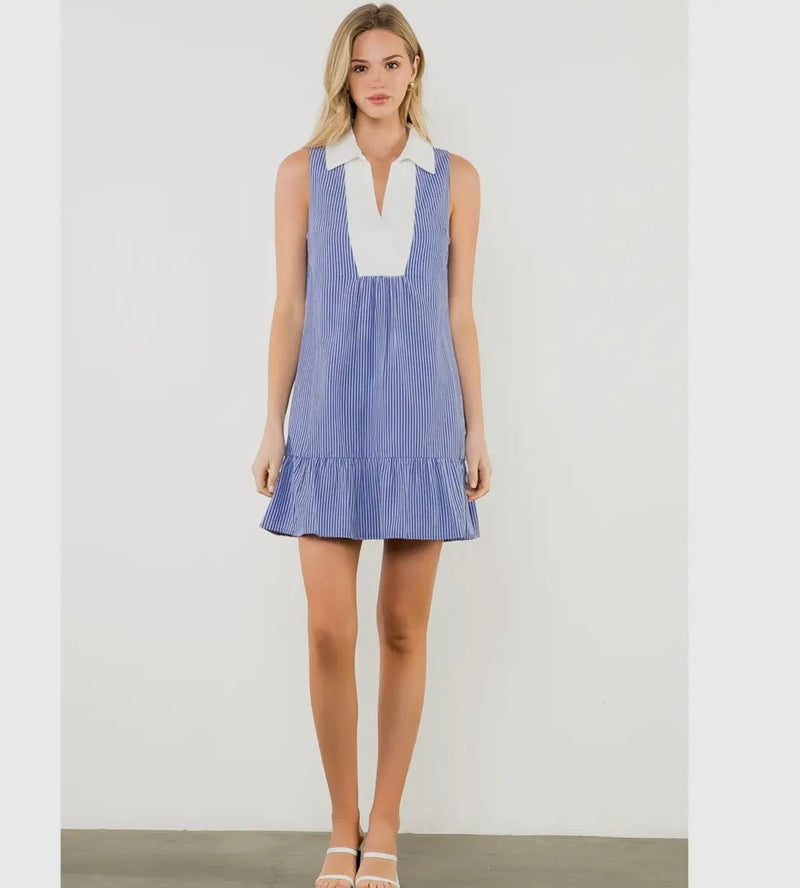 Contrast Collar V-Neck Dress