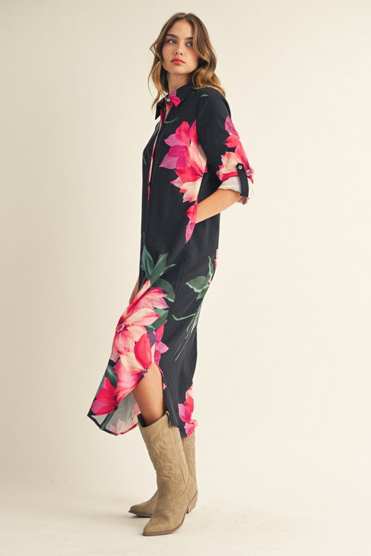 Button Down Floral Midi Dress