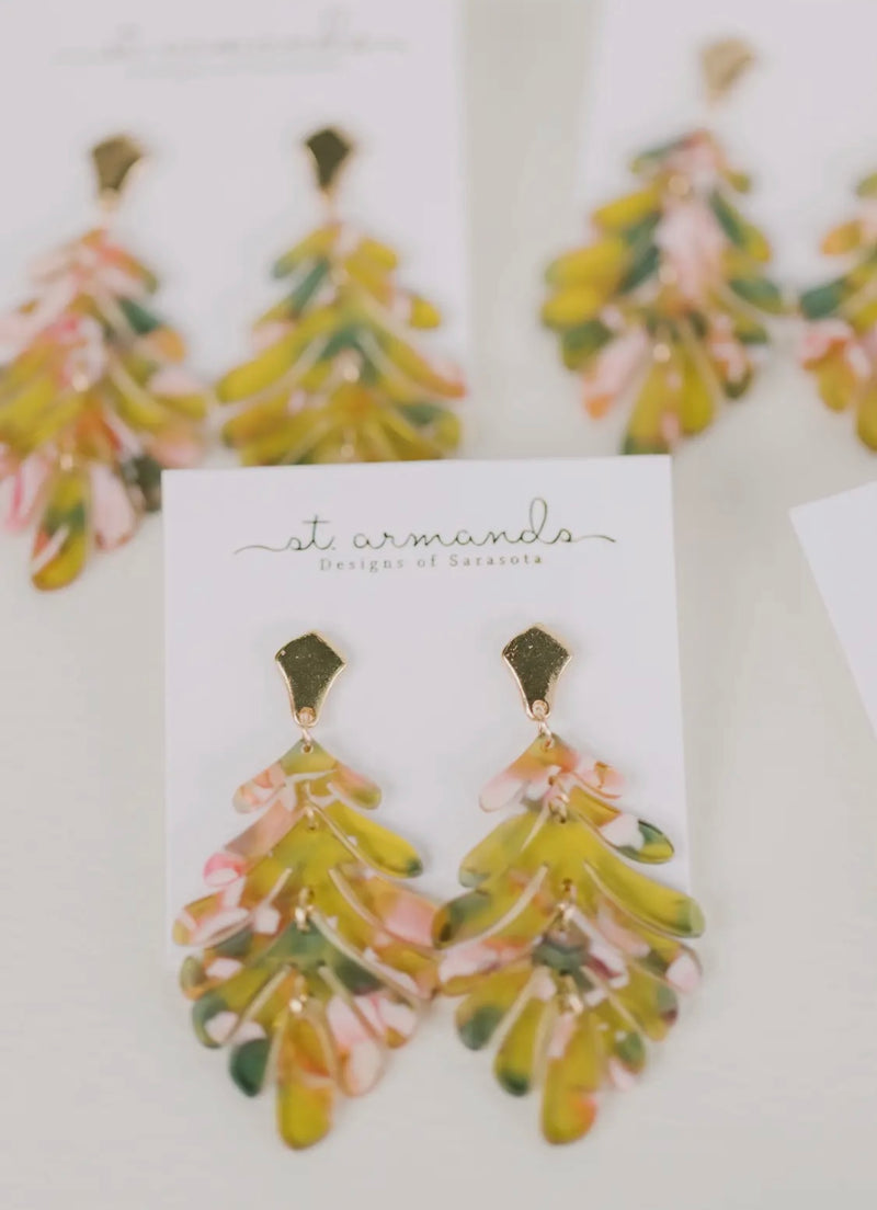 Pink and Green Camo Petite Palm Statement Drop Earrings