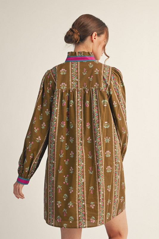 Ruffled Neckline Floral Dress