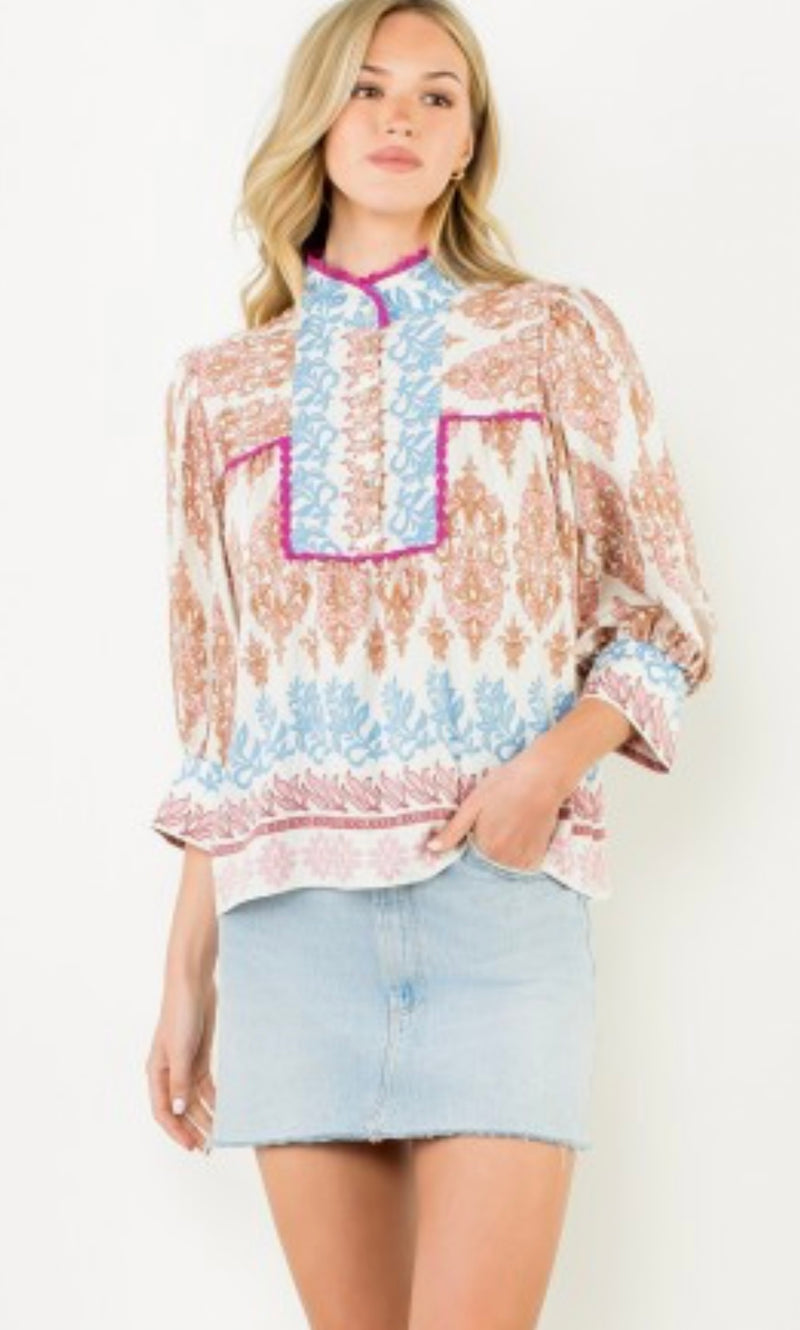 Crochet Trim Print Top