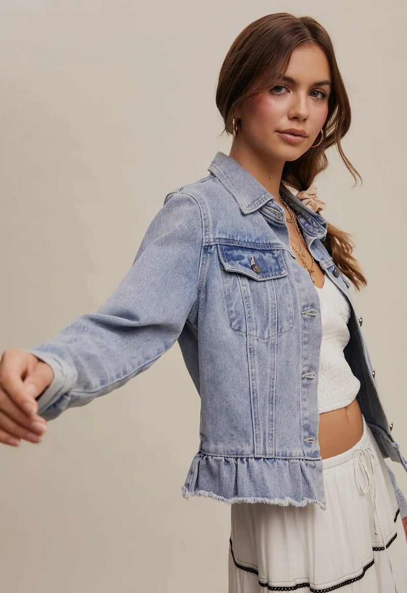 Ruffled Hem Denim Jacket