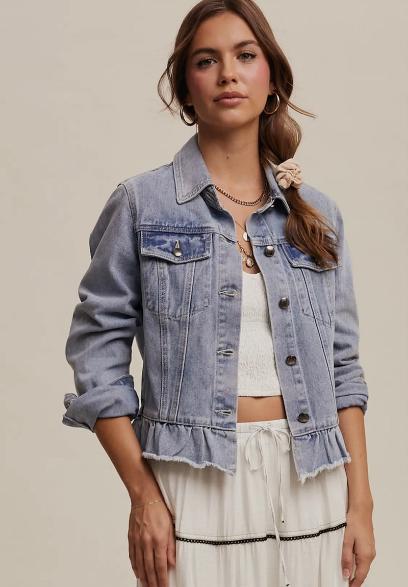 Ruffled Hem Denim Jacket