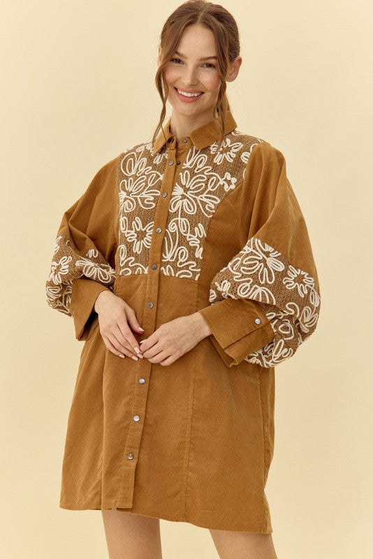 Embroidered Button-up Dress