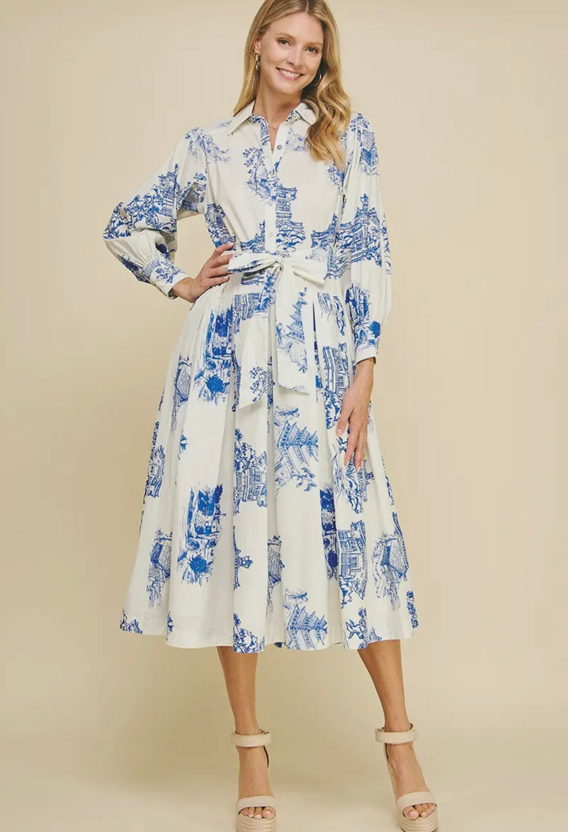 Print Shirt Midi Dress