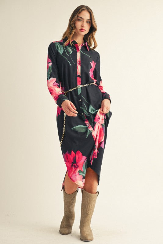 Button Down Floral Midi Dress