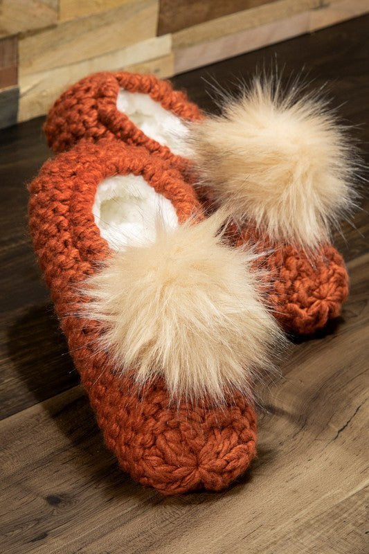 Knitted Slippers with Pom Pom