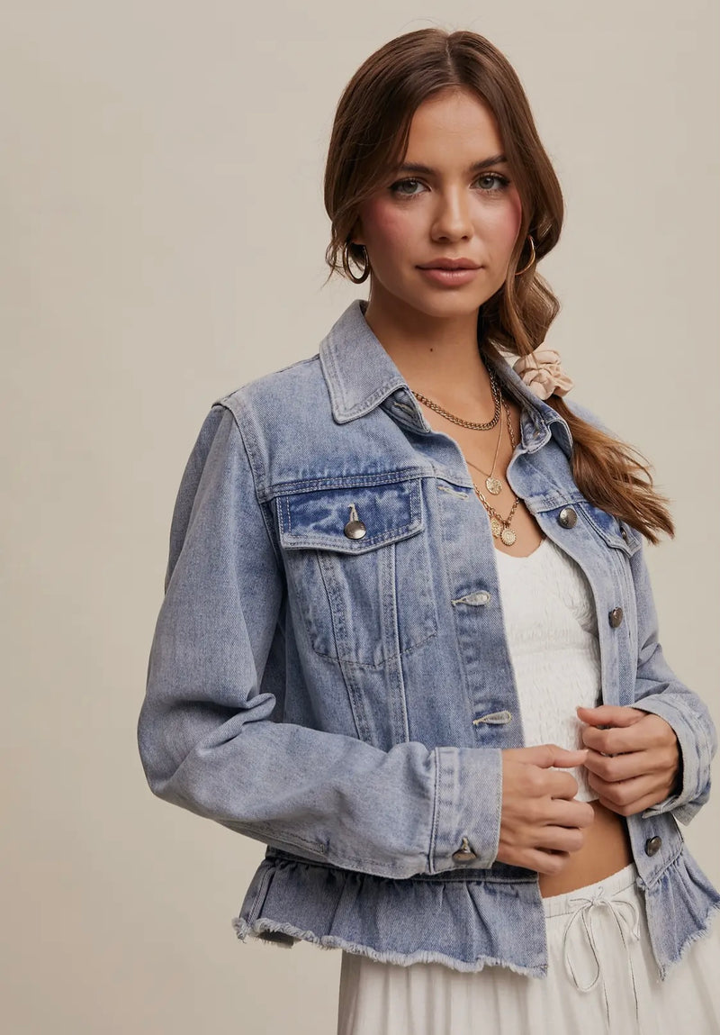Ruffled Hem Denim Jacket