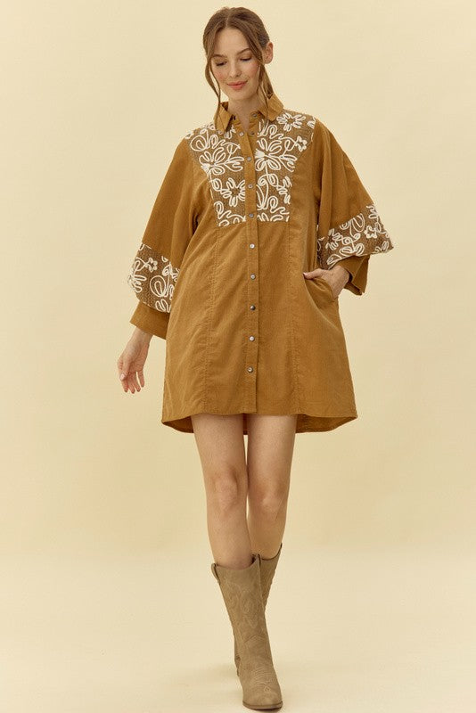 Embroidered Button-up Dress