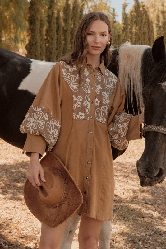 Embroidered Button-up Dress
