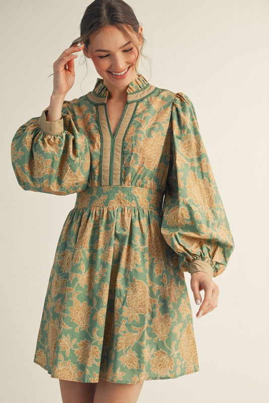 Ruffled Neck Floral Dress