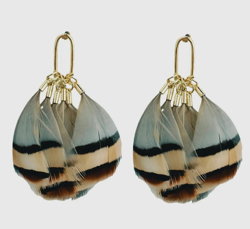 Brown Striped Fall Feather Statement Tassel Earrings
