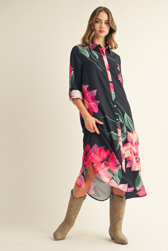 Button Down Floral Midi Dress
