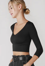 Ribbed 3/4 Sleeve V Neck Crop Top