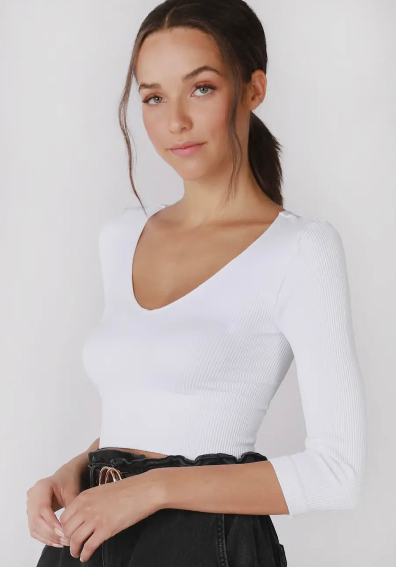 Ribbed 3/4 Sleeve V Neck Crop Top