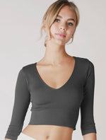 Ribbed 3/4 Sleeve V Neck Crop Top