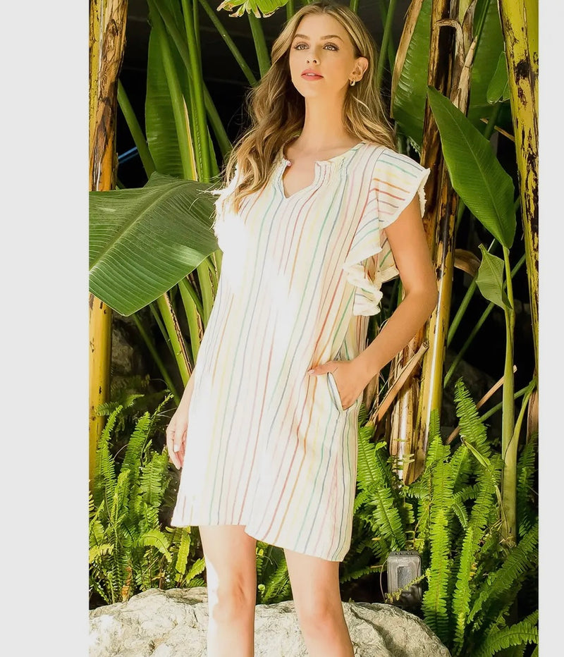 Rainbow Stripe Flutter Sleeve Dress