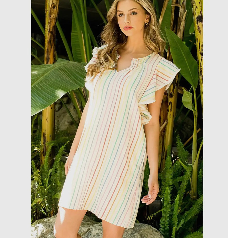 Rainbow Stripe Flutter Sleeve Dress