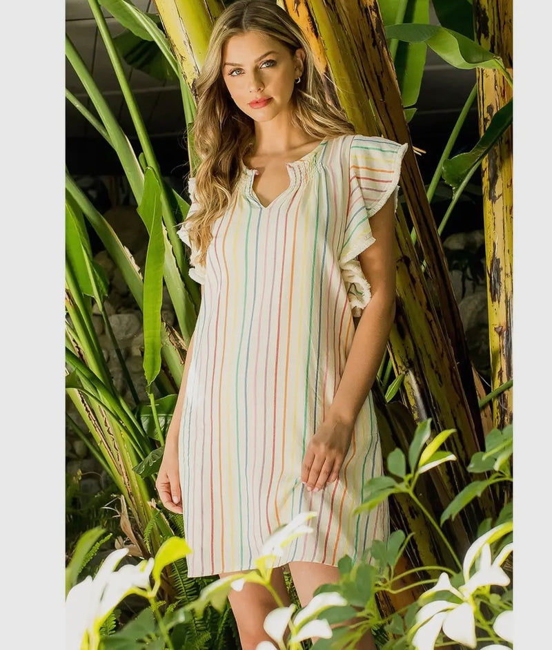 Rainbow Stripe Flutter Sleeve Dress