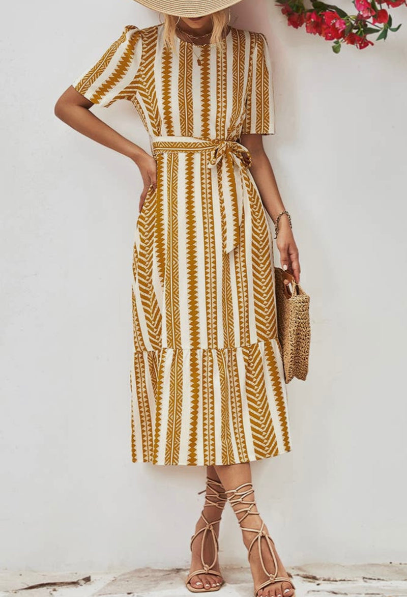 Geometric Striped Maxi Dress With Sash