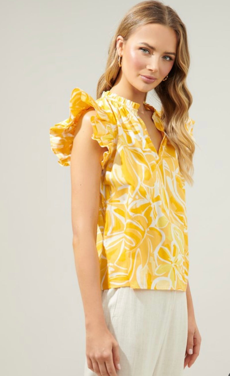 Dayglow Tropics Risette Ruffle Cap Sleeve Top