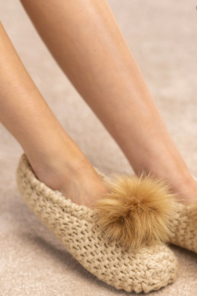 Knitted Slippers with Pom Pom